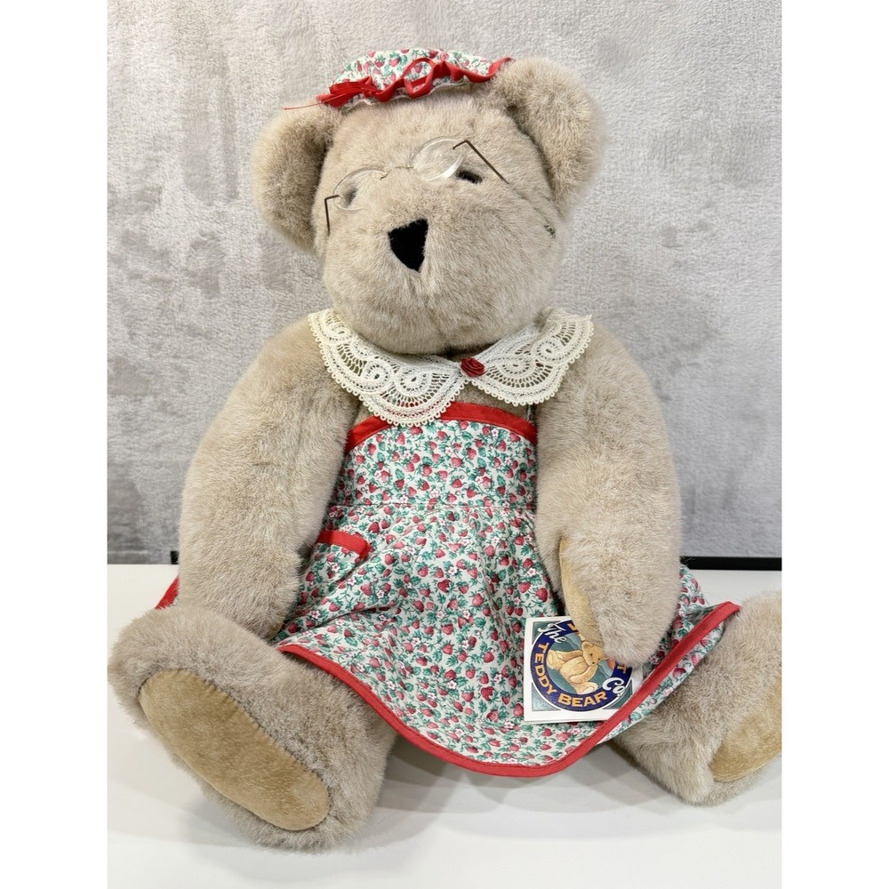 Vintage 1993 Vermont Teddy Bear Grandma Bear 20" Jointed Plush Strawberry Dress